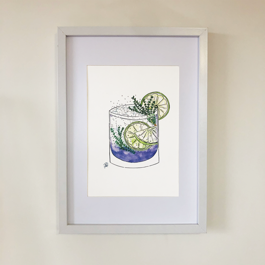 Ink Gin Cocktail watercolour print.  Available in 2 sizes which are A4 and A3. A4 pictured here.  Frame not included.