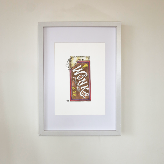 Wonka Bar watercolour print. Available in 2 sizes which are A4 and A3. A4 pictured here. Frame not included.