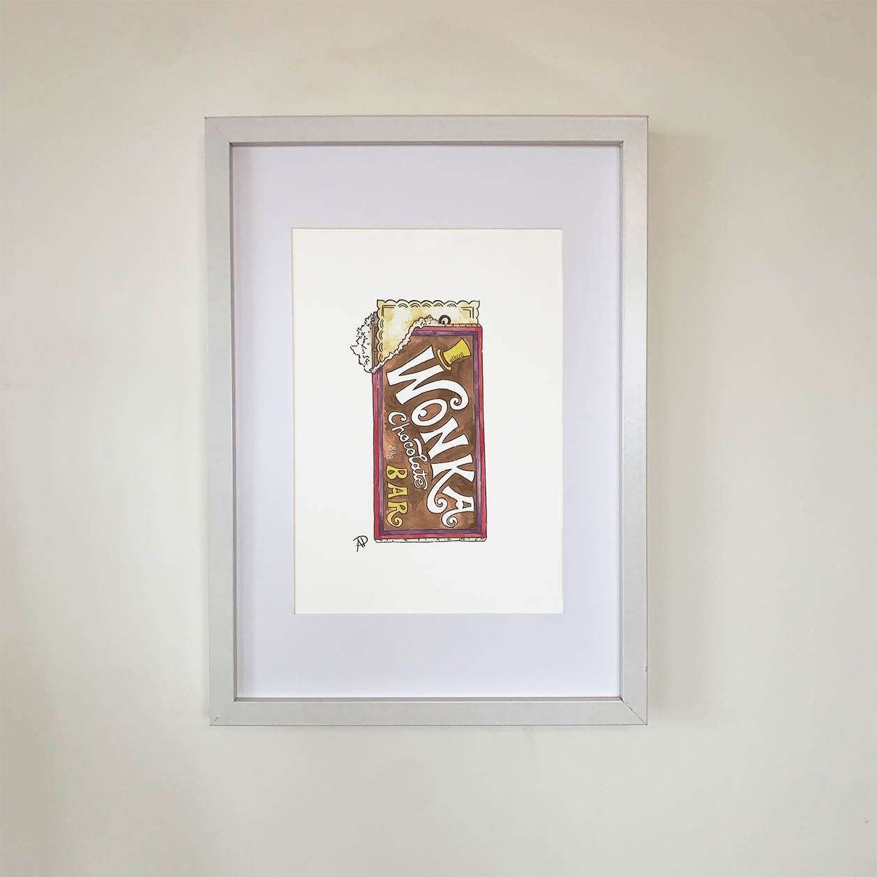 Wonka Bar watercolour print. Available in 2 sizes which are A4 and A3. A4 pictured here. Frame not included.